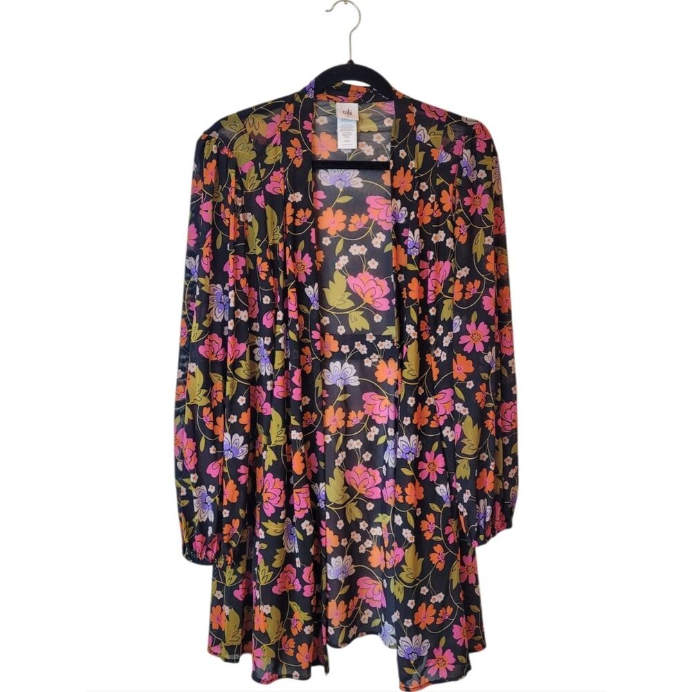 Cabi Floral Black Open Front Mesh Cardigan Women's Size S